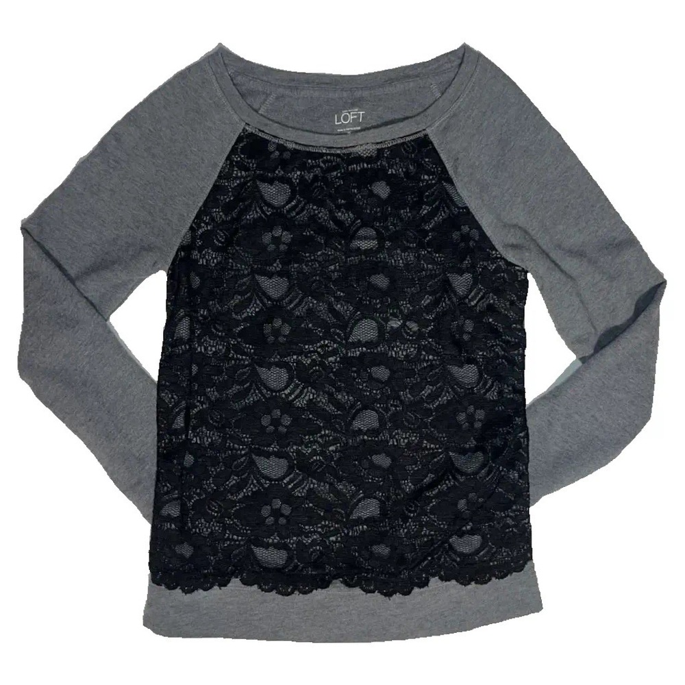 LOFT Ann Taylor elegant dark gray and lace crew neck sweater size XS